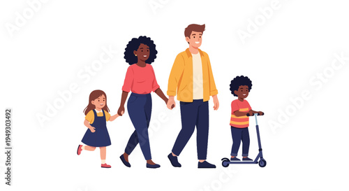 Happy Multicultural Family Walking Together - Diverse Parents, Kids, and Son on Scooter Illustration