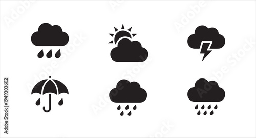 Rainy day weather icons including umbrella storm clouds and partial sun for forecast design