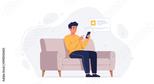 Man Using Smartphone for Smart Home Control on Sofa
