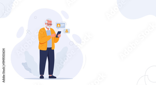 Elderly Man Using Smartphone, Receiving Notifications, Technology and Senior Lifestyle