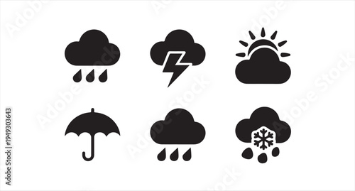 Forecast weather symbols including rain clouds lightning bolts sun and snowy weather icons