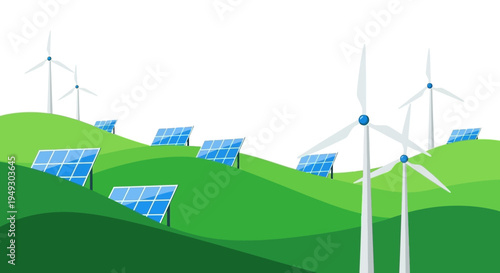 Sustainable energy landscape with wind turbines and solar panels on green rolling hills, eco-friendly technology concept, renewable power generation, futuristic environmentally friendly scen