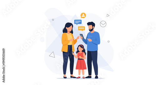 Family using smartphones, communication concept, digital life, parents and child