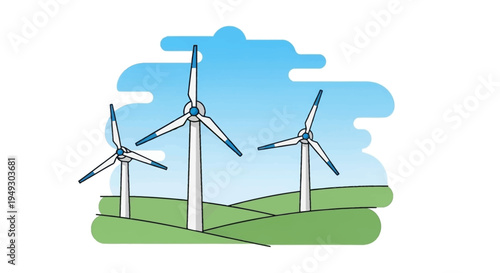 Wind turbines generating renewable energy on a sunny green hilltop with a bright blue sky and white clouds in a simplistic colorful flat design style for eco friendly concepts
