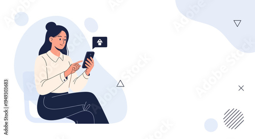 Woman using smartphone, message bubble with upload icon, modern flat illustration