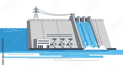 A stylized gray hydroelectric dam with flowing blue water and power lines against a white background, representing renewable energy sources and sustainable power generation.