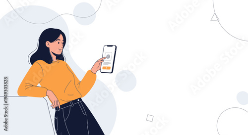 Woman Using Smartphone with Fingerprint Scan, Abstract Background