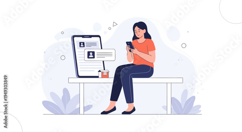 Woman Using Smartphone Sitting on Bench Near Tablet Displaying Profile Information