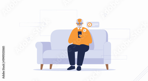 Elderly Man Sitting on Sofa Using Smartphone with Notification Icon