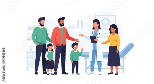 Modern Family Visiting Pediatrician for Children's Health Check-up and Medical Consultation