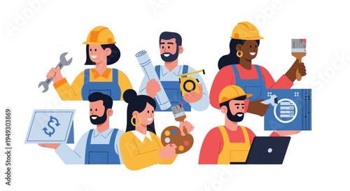 Diverse Skilled Professionals Representing Various Industries and Essential Services in Modern Flat Design Illustration