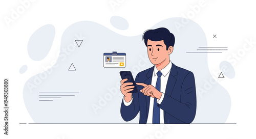 Businessman using smartphone with digital ID card on screen, modern office concept