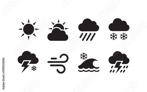 Meteorological icon collection with wind gusts ocean wave storm cloud and sun rays elements