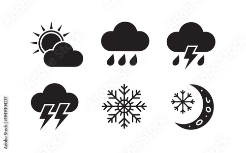 Cold weather icons including large snowflake winter night moon and heavy thunderstorm cloud