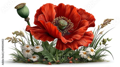 Vibrant red poppy flower botanical illustration high resolution picture