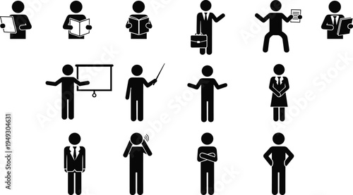 Set of business stick figure icons including people reading books giving presentations talking on phone and professional office worker symbols