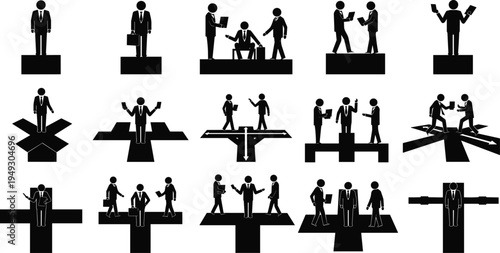 Set of business stick figures in suits representing leadership decision making career paths and teamwork at crossroads for corporate infographics