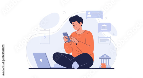 Man using smartphone for online banking and finance, laptop and bank icon