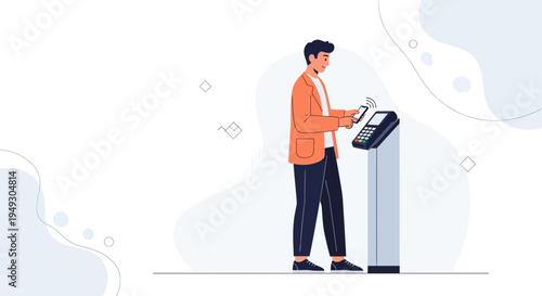 Man making contactless payment with smartphone at POS terminal