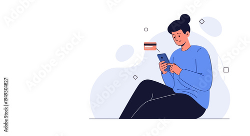 Woman Using Smartphone for Online Payment with Credit Card, Digital Transaction Concept