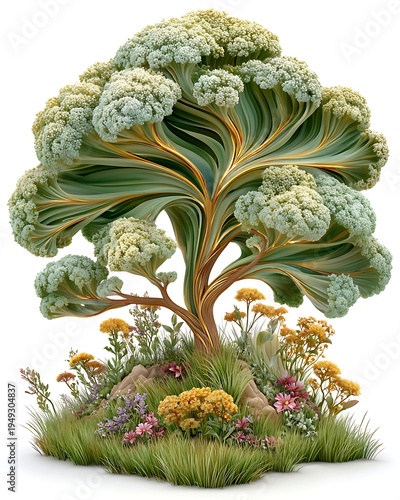 White floral fantasy tree with golden flow high resolution picture