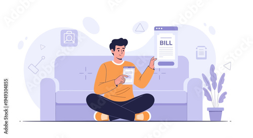 Man Sitting on Floor, Holding Phone with Bill App, Online Payment Concept