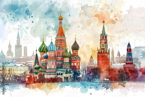 Vivid artistic illustration of Moscow, Russia - Kremlin and The Cathedral of Vasily the Blessed