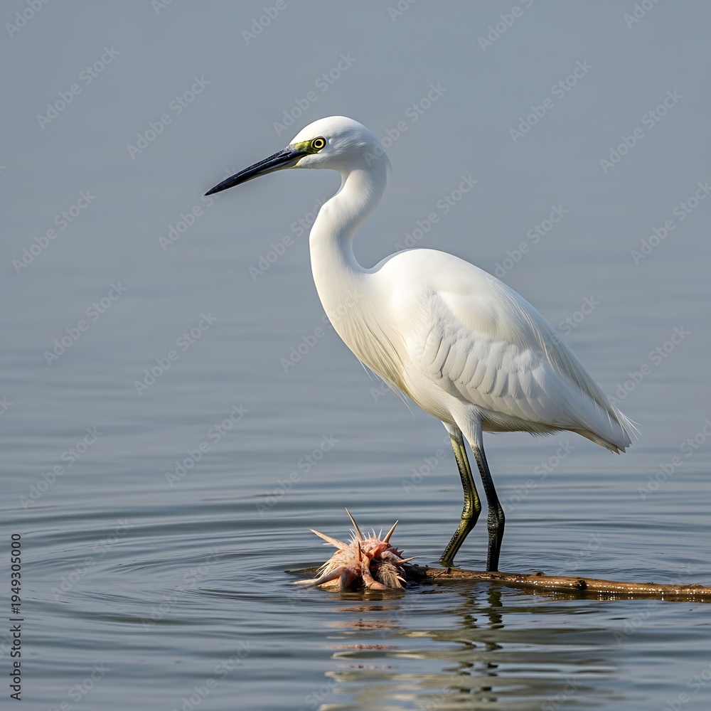 Naklejka premium Elegant Little Egret Standing in Water with Lily Pad.