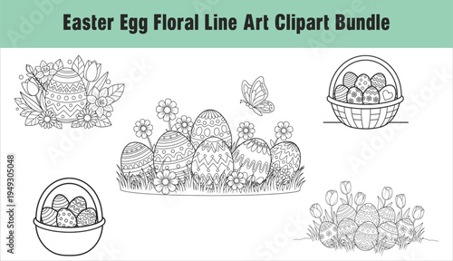 Cute Easter Egg Line Art Clipart Set