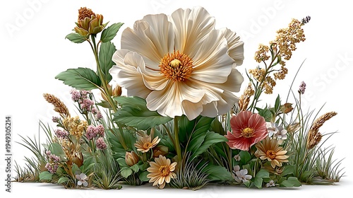 White peony flower natural botanical art composition high resolution picture