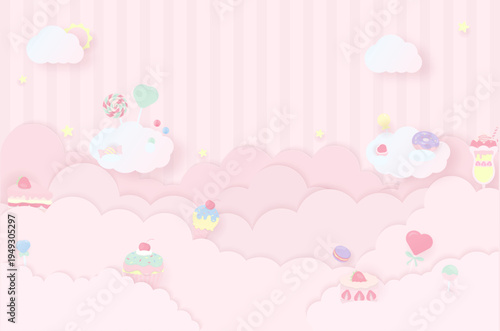 Cute pastel dessert on soft pink cloud background