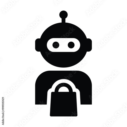 AI Robot Shopping Bag Icon for retail store, ecommerce, customer product sale glyph vector illustration pictogram