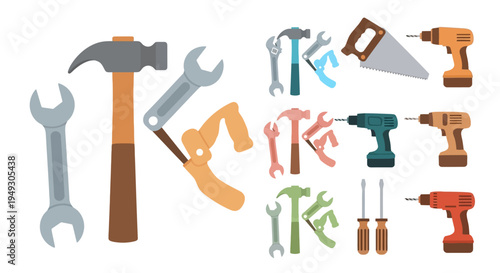 Colorful Hand Tools and Power Drills Collection in Flat Design. Hammers, Wrenches, Saws, Drills, Screwdrivers for DIY, Home Repair, Construction