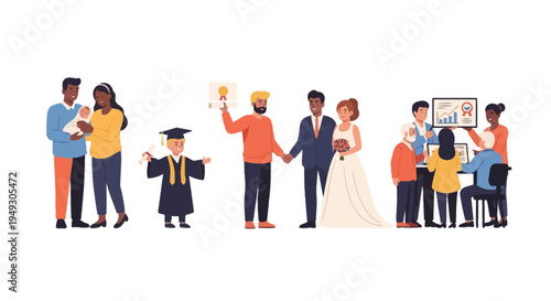 Life's Journey Milestones: Family, Education, Marriage, and Financial Future Planning - Flat Vector Illustration