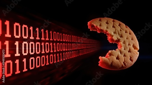 Browser cookie dissolving into red binary code, internet data files created by sites visit