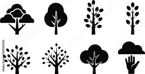 Set of flat tree icons and nature symbols including leaf branches and hand holding cloud for eco friendly environment design