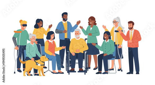 Diverse Inclusive Community Group: People of All Ages and Abilities, Elderly, Disabilities, and Service Dog - Vector.