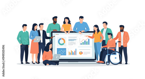 Diverse Team Analyzing Business Data & Statistics on Laptop Screen. Inclusive Collaboration & Digital Analytics.