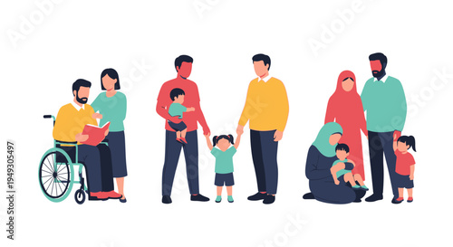 Diverse Modern Families: Promoting Inclusion, Equality, and Love - Flat Vector Illustration