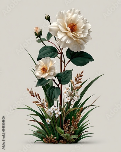 Elegant white peony flower botanical decorative art high resolution picture
