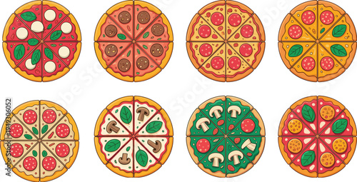 Eight Different Types of Sliced Pizzas with Various Toppings Arranged in Two Rows pepperoni mushrooms