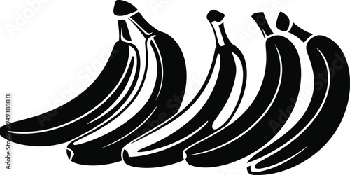 Five Black Silhouette Bananas in a Row with Stems fruit