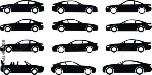Title: Set of sports car and coupe vector silhouettes featuring various sleek vehicle body styles from side profile views for automotive design.