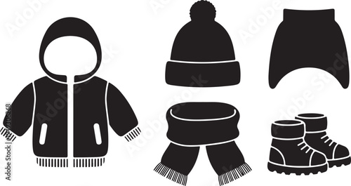 Black and white winter clothing set including jacket hat scarf boots and pants