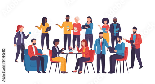 Diverse Business Team Meeting and Collaboration - Flat Vector Illustration of Professional Group Discussion in Modern Office Environment