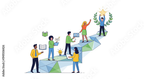 Diverse Team Climbing Path to Success: Collaboration, Learning, and Achievement