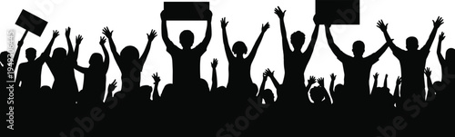 Silhouettes of People Celebrating with Raised Arms and Signs in Black and White crowd celebration