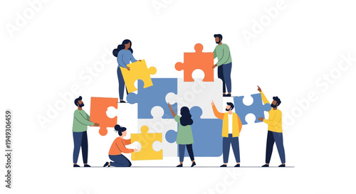 Diverse Team Collaboratively Assembling Puzzle Pieces – Business Teamwork, Problem Solving & Strategic Partnership Illustration