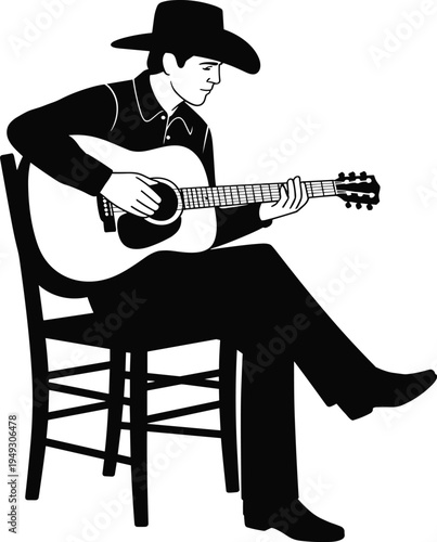 Cowboy musician silhouette playing acoustic guitar while sitting on chair for country music festival western theme and live performance design.