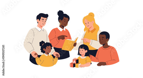 Diverse Group of Adults and Children Learning, Reading, and Playing Together: Education, Community, and Family Engagement